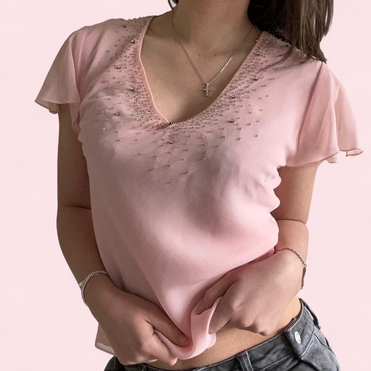 Pink v neck mesh top  image 0